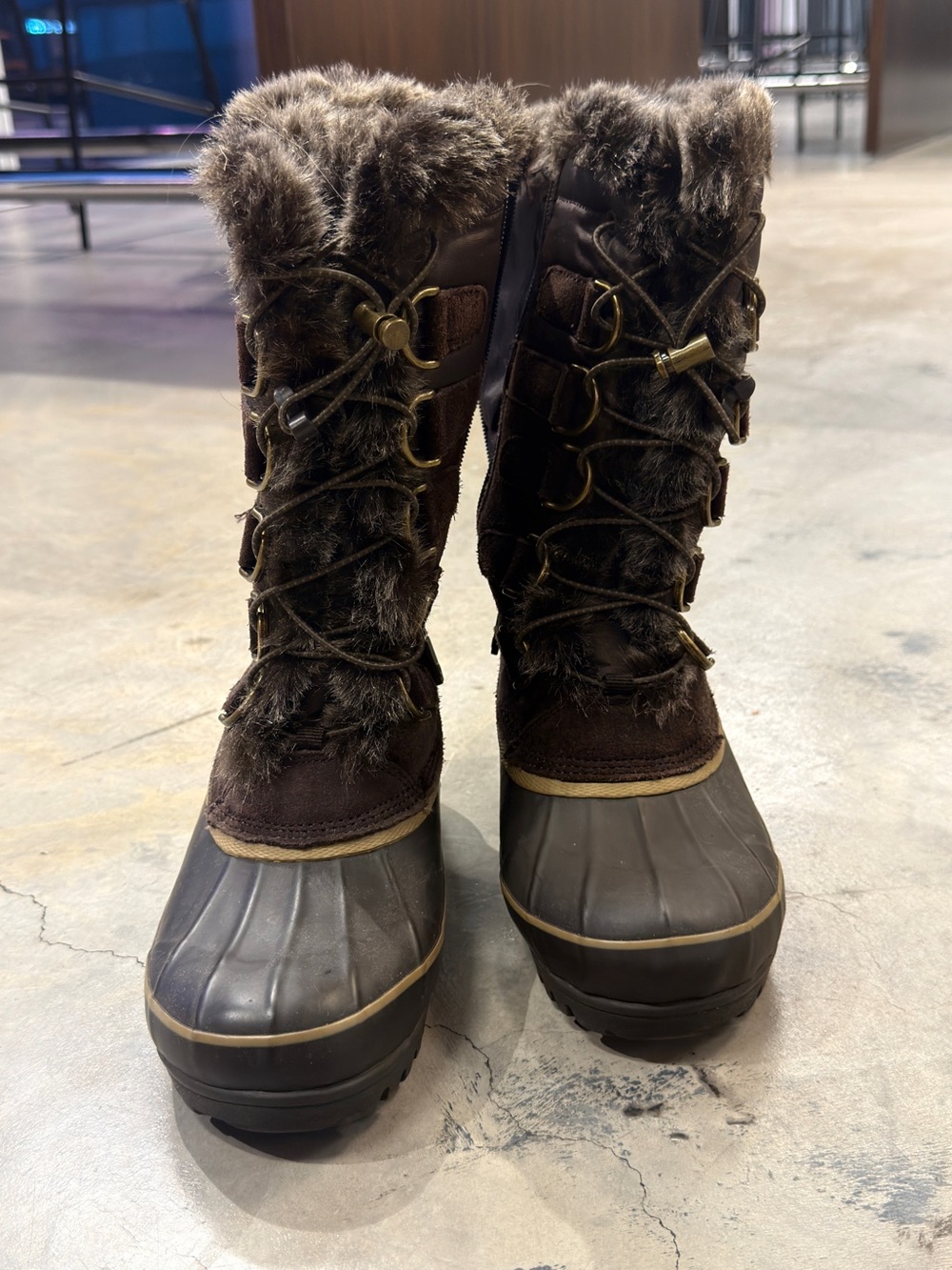 Lands' End Brown Faux-Fur Lace-Up Winter Rain Boots